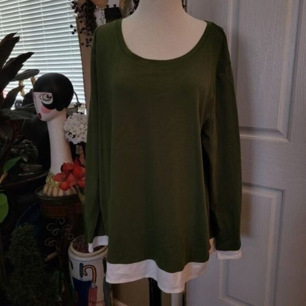 Isaac mizrahi live top t shirt  popover size XL green white long sleeve QVC